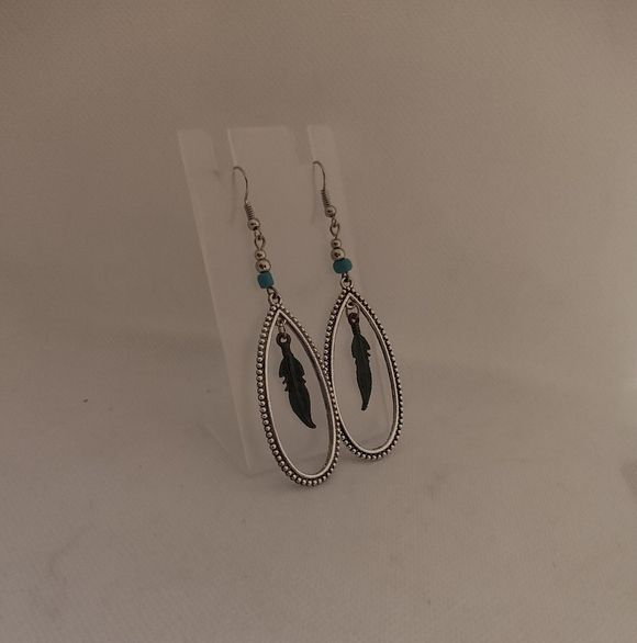 Silver Teardrop Dangle Earrings with Turquoise Feather Charms - Picture 2 of 6